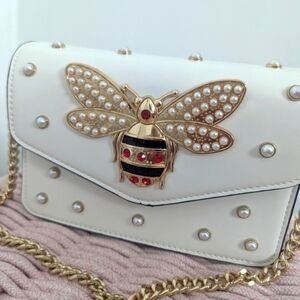 Elegant White Studded Bag with Gold Chain